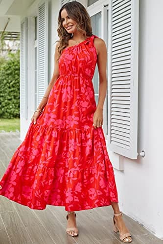 PRETTYGARDEN Women's Summer Floral Maxi Dress Knot One Shoulder Sleeveless Ruffle Flowy Boho Beach Wedding Guest Dresses (Red Floral,Small) - Image 8