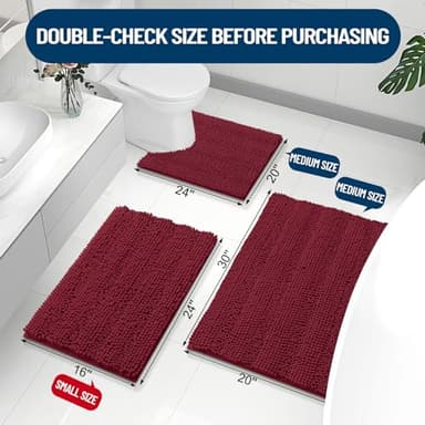 Grandaily Chenille Striped Bathroom Rugs 59x35, Extra Thick and Absorbent Bath Mats, Non-Slip Soft Plush Shaggy Shower Carpet, Machine Wash Dry, Bath Rug for Bathroom, Burgundy - Image 2