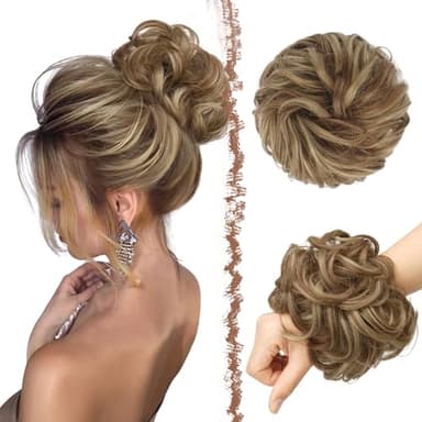 FESHFEN Messy Bun Hair Pieces - Large Wavy Curly Elastic Hair Bun Scrunchies Ponytail Extensions Synthetic Chignon Hairpieces for Women, Brown & Blonde 1.94oz - Image 1
