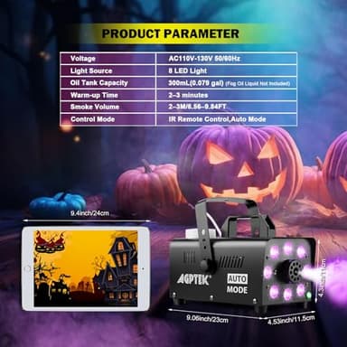 AGPTEK Fog Machine, Smoke Machine with 13 Colorful LED Lights Effect, Auto Mode 2000CFM Fog with 1 Wired Receiver and 2 Wireless Remote Controls, Perfect for Wedding, Halloween, Party and Stage Effect - Image 5