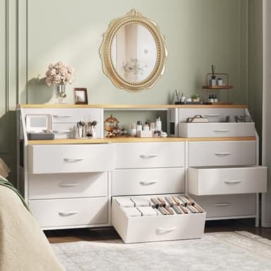 Romorgniz 55" W White Dresser for Bedroom with Deep Fabric Drawers, Long Chests of Drawers with 2 Open Wooden Shelves, Large Vanity Dressers for Entryway, Dorm, Sturdy Metal Frame, Wooden Top - Image 1