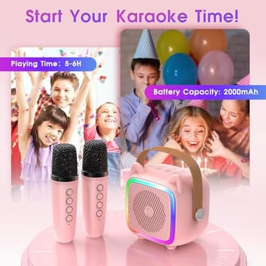 SXH Mini Karaoke Machine for Kids Portable Karaoke Machine with 2 Bluetooth Wireless Microphones,Birthday Gifts Toys for Girls Ages 3, 4, 5, 6, 7, 8, 9,10,11,12+ Years Old (Pink 2 Mics) - Image 7