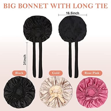 3Pcs Bonnets for Sleeping, Extra Satin Silk Bonnet for Sleeping Women with Tie Band for Curly Hair Jumbo Bonnet Braids - Image 6
