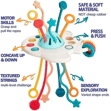Baby Toys 6 to 12 Months, 5 In 1 Montessori Toys for 1 Year Old, Incl Travel Pull String Toy & Rattle Teether & Stacking Baby Block & Soft Infant Ring & Sensory Ball for Toddler 0-3-6-9-12 Month - Image 8
