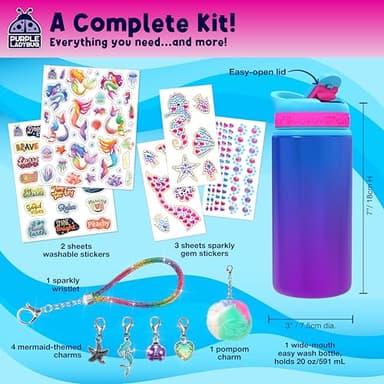 PURPLE LADYBUG Decorate Your Own Water Bottle for Girls, 22oz - Mermaid Peel-and-Stick Gemstones, Charms & Stickers Craft Set, Great Birthday Gifts for Girls 5-10 Years Old, Christmas Gift for Girl - Image 3