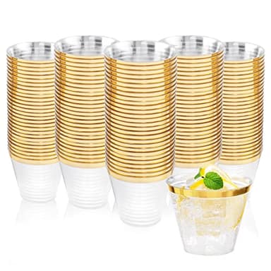 Ciaell 300PCS Gold Plastic Cups - 9Oz Heavy Duty Plastic Cups - Gold Rimmed Disposable Cup - Disposable Clear Wine Cup with Gold Rim for Party & Wedding & Thanksgiving - Image 7