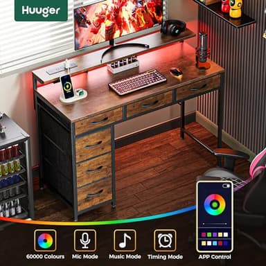 Huuger Gaming Desk with 6 Drawers, Computer Desk with LED Lights Power Outlets and Type-C, 39 Inch Office Desk with Storage, Monitor Stand, Writing Desk Work Desk Home Office, Study, Rustic Brown - Image 4