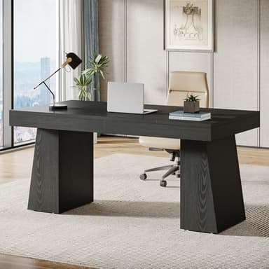 Tribesigns 55 Inches Executive Desk, Mid-Century Modern Home Office Desk with Double Trapezoid Base, Wood Computer Desk Business Workstation Desk Small Conference Table, Black - Image 2