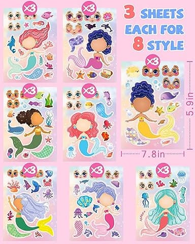 24 Pcs Make Your Own Mermaid Sticker Sheets for Kids with Mermaid Face Stickers for Toddlers Girls Crafts Activities Gift Bag Stuffers Birthday Party Valentines Day Gifts for Kids Classroom - Image 6