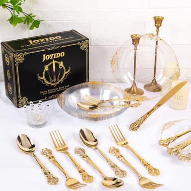 Joyido 300Pieces Gold Plastic Silverware - Heavy Duty Gold Disposable Utensils - Vintage Plastic Cutlery Set Includes 100 Forks, 100 Spoons, 100 Knives for Dinner Parties Weddings - Image 4