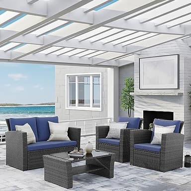 Wisteria Lane 4 Piece Patio Furniture Set, Wicker Outdoor Patio Conversation Furniture Set, All Weather Outdoor Patio Sofa with Cushion and Glass Table, Blue - Image 2