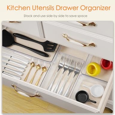 Criusia Drawer Organizer, 10 Pack Large Clear Plast Set, 3 Size Versatile Bathroom and Vanity Organizer Trays, Storage Bins for Makeup, Bedroom, Kitchen Utensils - Image 4