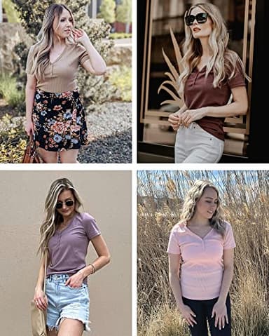 MEROKEETY Women's Summer Short Sleeve V Neck T Shirts Casual Ribbed Button Henley Knit Tops Blouse, Black, L - Image 6