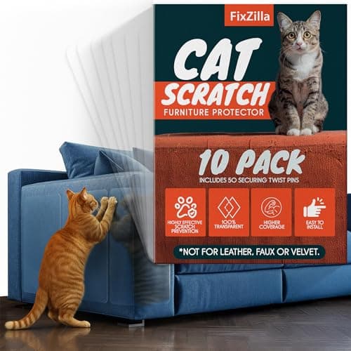 FixZilla Anti Cat Scratch Furniture Protector, 10-Pack Couch Protector from Cat Claws - Heavy-Duty, Easy-to-Apply Scratching Deterrent and Shield for Sofa Corners, Walls, Doors- with 50 Twist Pins - Image 1
