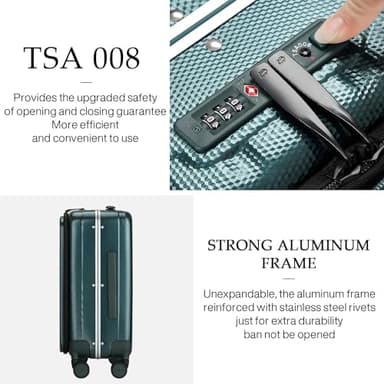 Hanke 20 Inch Carry On Luggage Aluminum Frame Front Opening Rolling Suitcase PC Hard Sided Luggage with Spinner Wheels Travel Luggage for Woman Men Gifts.(Dark Green) - Image 6