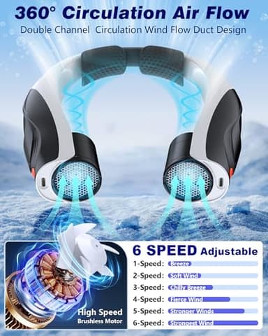 Tenvolti Portable Neck Fan- Hands Free Personal Fan, 6 Speeds 6000mAh Long-Lasting Battery Faster Cooling, USB-C Rechargeable, 360° Airflow, Quiet Gifts for Women Men Office Travel Outdoor - Image 4