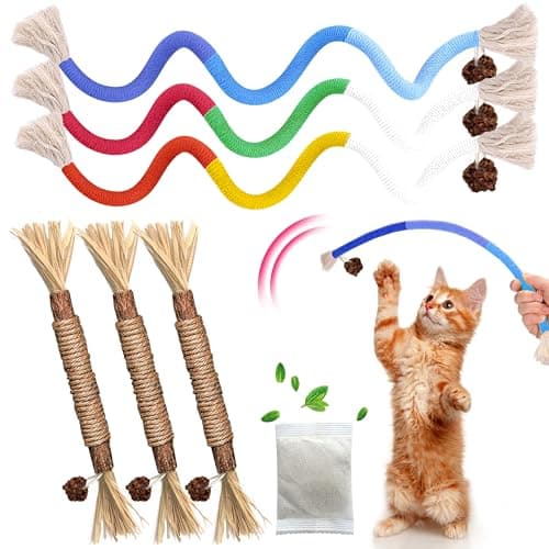GBSYU Cat Toys Chew Rope & Silvervine Sticks for Bored Indoor Adult Cats, 6Pcs Interactive Catnip Toys for Cats with Refillable Natural Catnip Bag for Teeth Cleaning