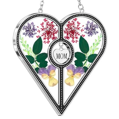 KY&BOSAM Heart Suncatcher Mom Stained Glass for Windows Hangings Wind Chimes with Pressed Flower Heart in Glass with Metal Trim Heart Charm Birthday Gifts for Women Mother`s Day Christams Home Decor - Image 1
