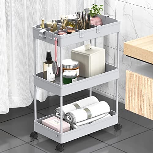 SPACELEAD 3 Tier Rolling Cart with Wheels, Storage Craft Art Trolley Organizer Serving, 3 Hanging Baskets Easy Assembly, for Office, Living Room, Kitchen, Gray - Image 1