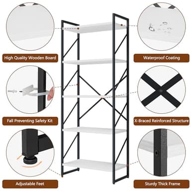 Shintenchi 2-Tier Bookshelf: Tall Industrial Bookcase for Living Room/Home/Office, Modern Book Holder with Storage Rack Shelves - White - Image 4