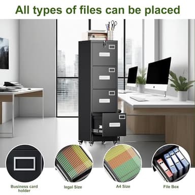 Aobabo File Cabinet 4 Drawer with Wheels, Lockable Office Metal Filing Cabinet with Name Card for Office and Home,Assembly Required,Black - Image 9