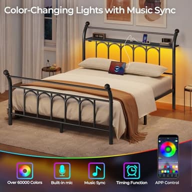 Rolanstar Full Bed Frame with USB Charging Station, LED Bed Frame with Storage Headboard, Black Metal Platform Bed with Sleigh Headboard and Footboard, No Box Spring Needed, Noise Free - Image 3