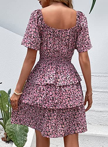 PRETTYGARDEN Women's 2025 Floral Summer Short Dress Square Neck Short Sleeve Tiered Ruffle Boho Swing Dresses (Black Pink Floral,Medium) - Image 3