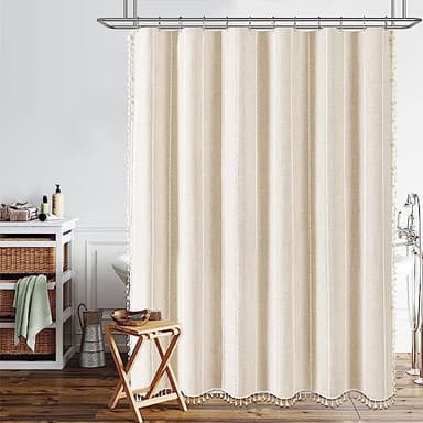 BTTN Boho Farmhouse Shower Curtain, Linen Rustic Weighted Striped Cloth Shower Curtain Set with Tassel, Water Repellent, Bohemian Vintage Country Fabric Shower Curtain for Bathroom, Cream/Beige, 72x72 - Image 7