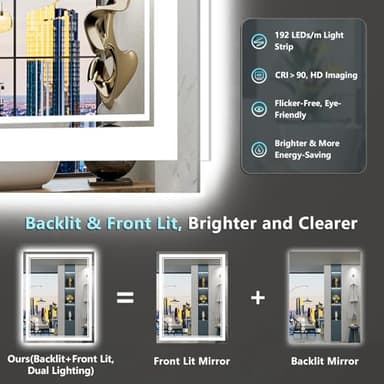 AWANDEE 24x30 LED Bathroom Mirror with Lights, Backlit & Front Lit, Anti-Fog Lighted Vanity Mirror for Bathroom Wall, 3 Colors, Dimmable, Memory, HD Tempered Glass, Shatter-Proof, Horizontal/Vertical - Image 3