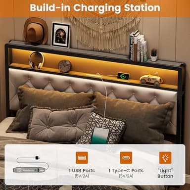 Queen Bed Frame,Bed Frame Queen Size with Headboard and Storage Shelves,Metal Platform Bed Frame with 2 Drawers & Charging Station & LED Lights,Noise-Free/Metal Slats Support/No Box Spring Needed,Grey - Image 3