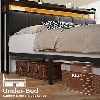 Rolanstar Bed Frame Twin Size with Charging Station and LED Lights, Upholstered Headboard with Storage Shelves, Heavy Duty Metal Slats, No Box Spring Need, Noise Free, Easy Assembly, Dark Grey - Image 5