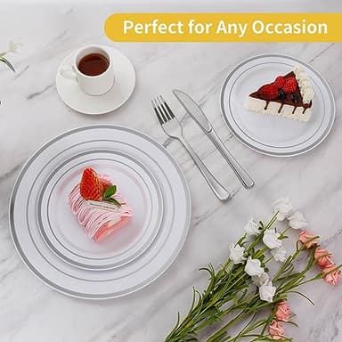Goodluck 200PCS Silver Plastic Plates, Heavy Duty Disposable Gold Plates with 100 10.25 inch Dinner Plates and 100 7.5 inch Dessert Plates, Disposable Plates for Party, Holiday, Wedding, Christmas - Image 3