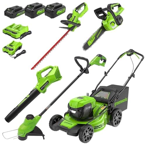 Greenworks 48V (2x24V) 20" Cordless Push Mower, 12" String Trimmer, 320 CFM Blower,10" Chainsaw,and 22" Hedge Trimmer Combo Kit - Image 1