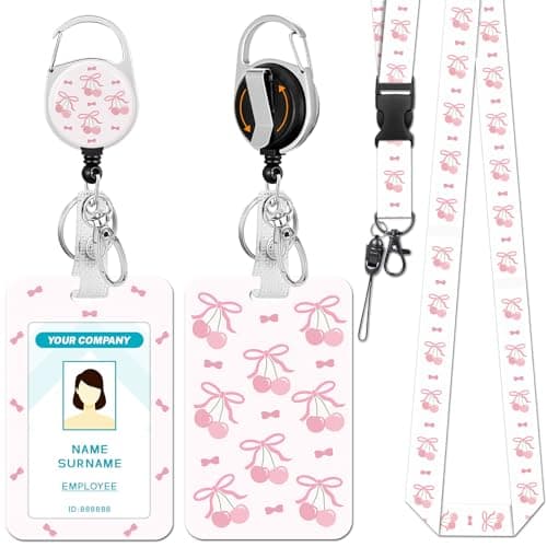 Hancynir Lanyards for Id Badges, Bows Cherry Cute Badge Holder with Retractable Reel Clip, Work Name Tags Keychain Lanyard with ID Holder, Card Protector for Women Teacher Nurse Doctor Office Gifts - Image 1