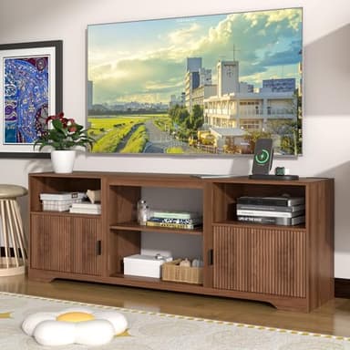 Fluted TV Stand for Tvs up to 80",Mid Century Modern TV Stand with Open Adjustable Shelf,Entertainment Center Wood TV Media Console with Cord Holes,TV Stand for Living Room Furniture Bedroom,Walnut - Image 3