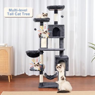Gitelsnour Cat Tree for Indoor Cats, 71'' (180cm) Multi-Level Cat Tower for Large Adult, Sturdy Cat Tree House with 2 Scratching Boards 7 Posts, 2 Plush Perches/Condos, Hammock, Smoky Gray GCT032G - Image 8
