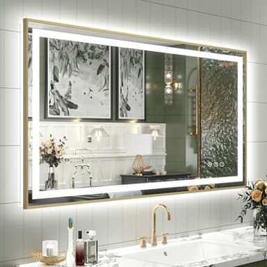 OKPAL 40x24 Gold LED Bathroom Mirror with Lights, Frontlit & Backlit Metal Framed Mirror, Lighted Bathroom Vanity Mirror, Anti-Fog, Dimmable 3 Colors, Shatterproof, Horizontal/Vertical - Image 1