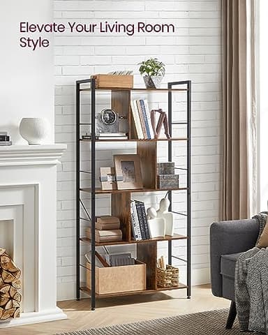 VASAGLE Bookshelf, 5-Tier Bookcase, Storage Shelving Unit, Display Shelf with Open Compartments for Living Room, Home Office, Bedroom, Industrial, Rustic Brown and Black ULBC121B01 - Image 4