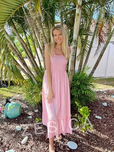 ZESICA Women's 2025 Summer Boho Spaghetti Strap Square Neck Solid Color Ruffle A Line Beach Long Maxi Dress,Pink,Medium - Image 8