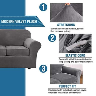 H.VERSAILTEX 4 Pieces Thick Velvet Sofa Covers Couch Covers for 3 Cushion Couch Sofa High Stretch Slipcovers Furniture Protector Form Fit Luxury Couch Cover for Dogs Width Up to 90 Inch(Sofa,Grey) - Image 3