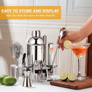 Bartender Kit Cocktail Shaker Set, Stainless Steel Cocktail Kit with 12 Piece Bar Accessories, 25oz Shaker Bar Set Drink Mixer Set with Stand Jigger Strainer Spoon Muddler for Cocktails (Silver) - Image 3