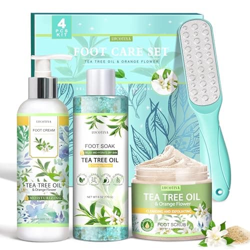 LUCOTIYA Tea Tree & Orange Flower Foot Soak Set - Salts, Foot File, Scrub & Urea Cream Pedicure Supplies for Dry, Cracked Feet - Foot Spa Pedicure Kit for Women Men - Image 1