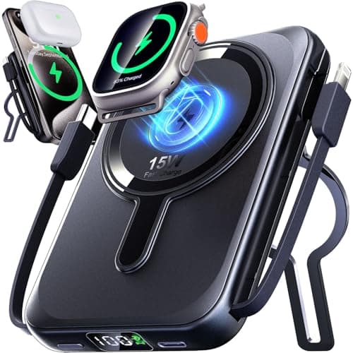 Drmpry Magnetic Portable Charger, 10000mAh Wireless Power Bank with Stand, 22.5W Fast Charging Battery Pack with Built in Cables, Compatible with iPhone 16 15 14 13 12 Samsung S22 S21 Google iPad ect - Image 1