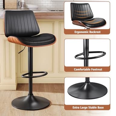 YaFiti Bar Stools Set of 4, Bar Stools for Kitchen Island with Bentwood Back and Leather Seat, Swivel Barstools for Kitchen Counter, Bar, Black - Image 4