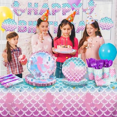 170pcs Mermaid Birthday Party Supplies Mermaid Party Decorations Includes Paper Plates Napkins Tablecloth Banner Cups Banner Forks for Baby Shower Ocean Birthday Party Decorations Serve 24 - Image 6