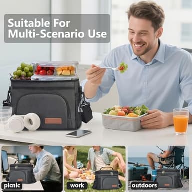 ExtraCharm Insulated Lunch Bag for Women/Men - Reusable Lunch Box for Office Picnic Hiking Beach - Leakproof Cooler Tote Bag Organizer with Adjustable Shoulder Strap for Adults - Black - Image 4