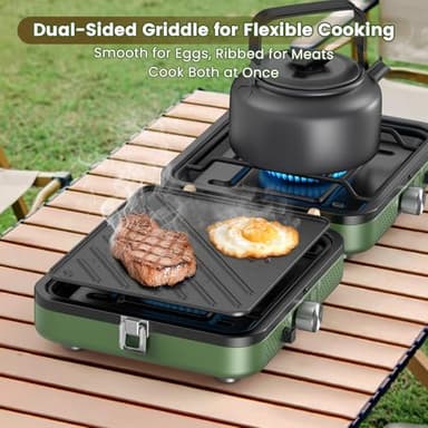 OGERY 2-Burner Foldable Camping Stove with Griddle (Textured & Smooth) and Carrying Bag, Portable Propane Camp Stove with 2 Adjustable Burners & Piezo Ignition, for Camping Tailgating Essentials Gear - Image 4