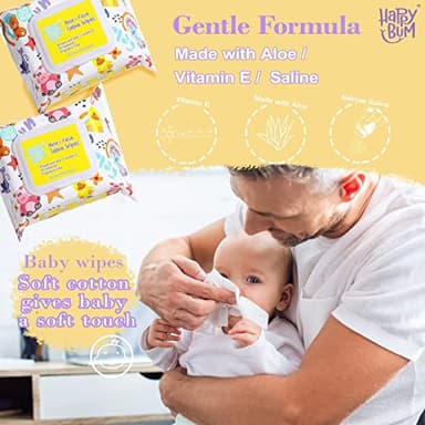 HAPPY BUM - 180 Count Saline Baby Wipes, Unscented, 7.4 x 7.2 Inch, Moist and Refreshing, Multi-Purpose Use, Ideal for Travel - Image 2