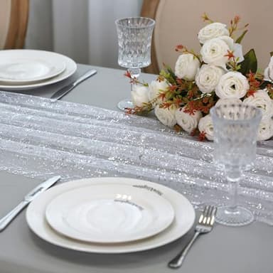 Snowkingdom 6 Pcs 10 FT Silver White Cheesecloth Table Runner Sheer Chiffon Gauze Runner, Sequin Glitter Silver Table Decoration Centerpieces for Wedding Birthday Christmas Bridal Baby Shower - Image 5