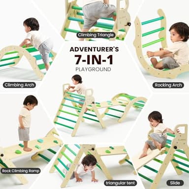 BlueWood Pikler Triangle Set, Toddler Wooden Climbing Toys Indoor 7in1 Foldable Climber for Kids, Montessori Philosophy Play Jungle Gym with Arch, Ramp, Ladder (Green Summer) - Image 3